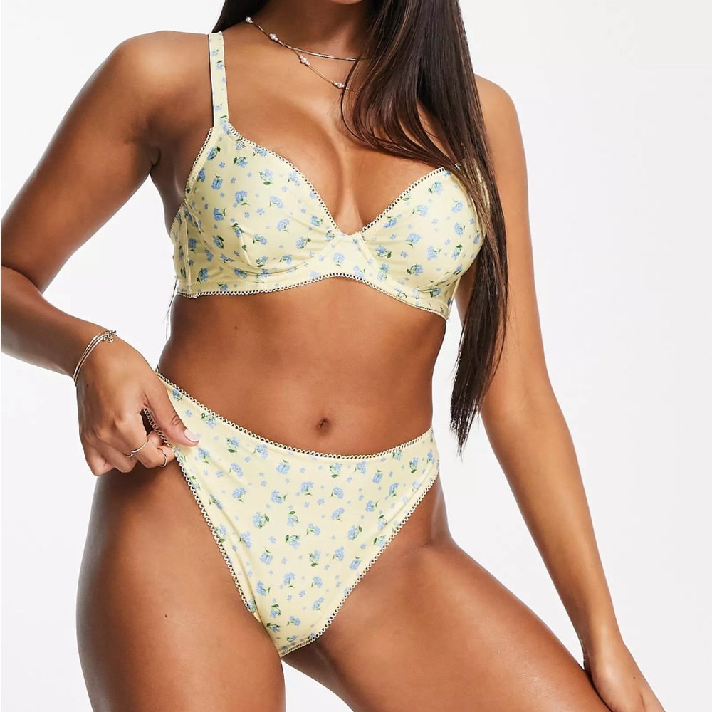 ASOS Peek & Beau Fuller Bust high leg bikini bottoms in lemon floral